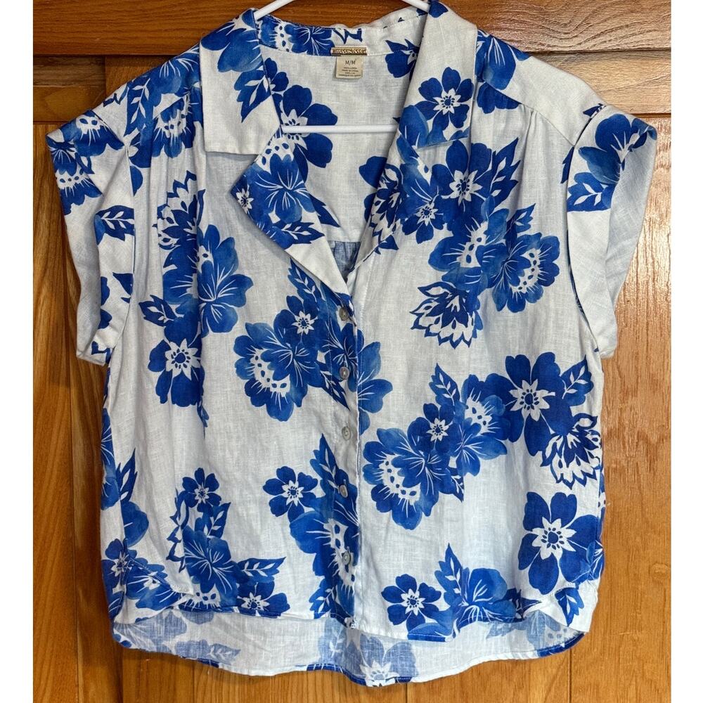 Magaschoni Blue Floral Linen Resort Camp Shirt Blouse M